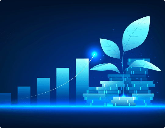 Financial growth chart with plant growing from coins